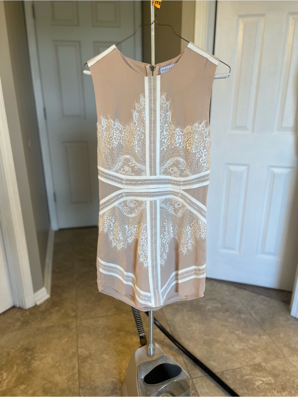 Endless Rose Beige Mini Dress with White Lace Trim